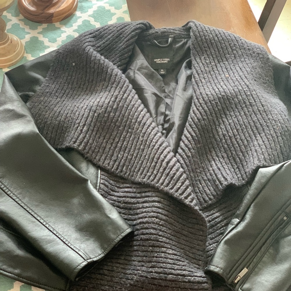 Vera Wang collection faux leather and fabric Moto jacket